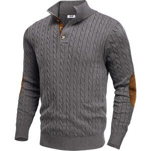 Men's Cable Knitted Pullover Sweaters Long Sleeve Stand Collar Button Up Gray